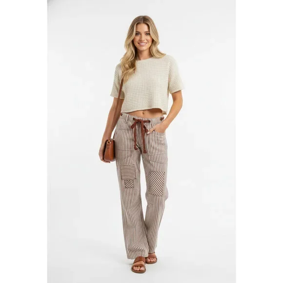 BiBi Drawstring Striped Twill Barrel Pants - Picture 2 of 3
